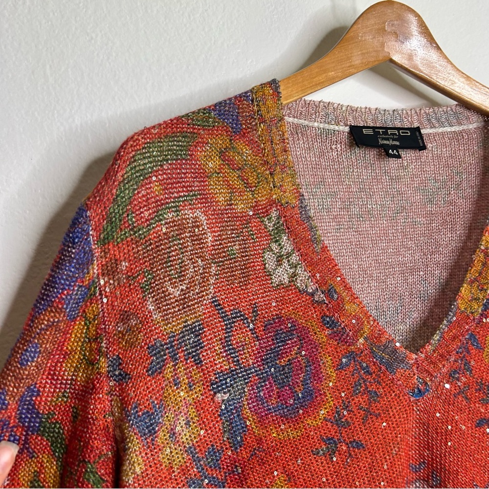 Etro 100% Linen Red Multicolor Floral Paisley Knit Pullover Sweater 44/ M - Picture 7 of 16